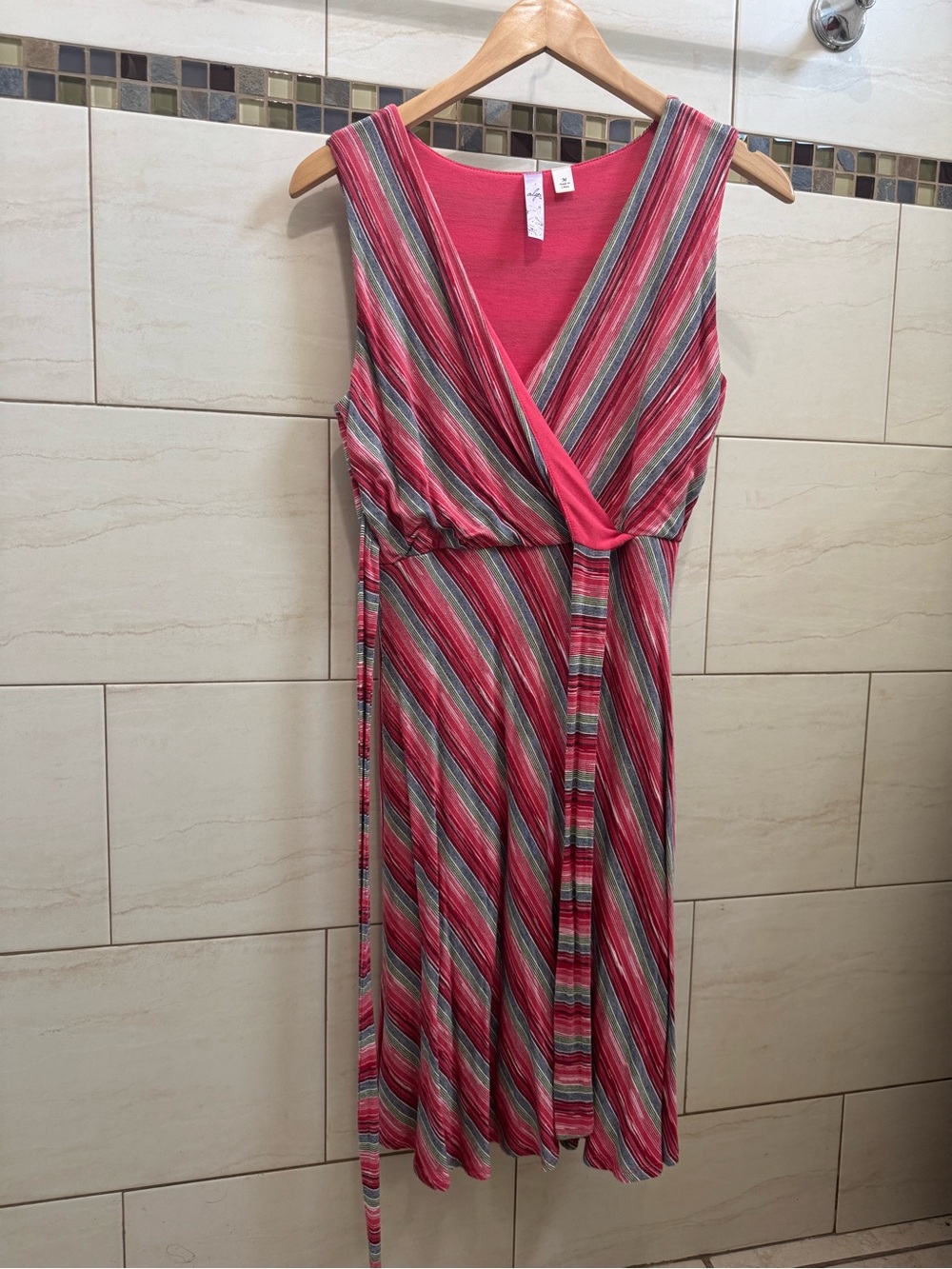 Alya Pink Multi-Striped Sleeveless Wrap Midi Dress